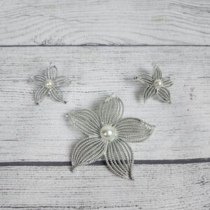 VTG Sarah Coventry MCM Brooch & Clip On Earrings Set Moon Flower Wearable Art